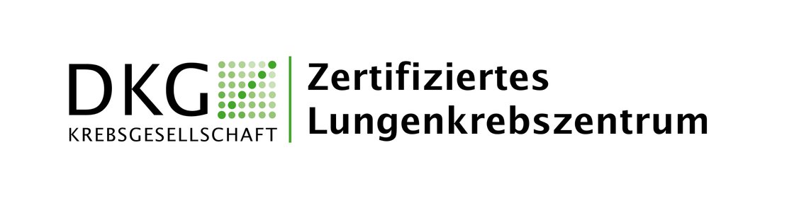 DKG-Logo mit grünem Punktmuster, zertifiziertes Lungenkrebszentrum Schriftzug.