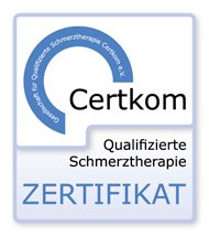 Zertifikat für qualifizierte Schmerztherapie, blaues und weißes Design.