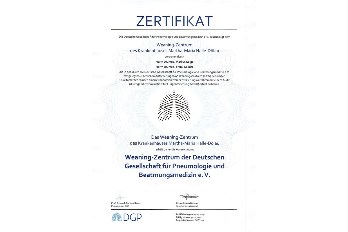 Zertifikat für das Weaningzentrum des Krankenhauses Martha-Maria Halle-Dölau.