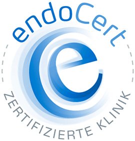 EndoCert Logo, zertifizierte Klinik, blaues und weißes Design.