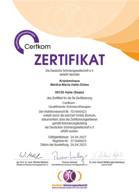 Zertifikat für qualifizierte Schmerztherapie im Krankenhaus Martha-Maria Halle-Dölau