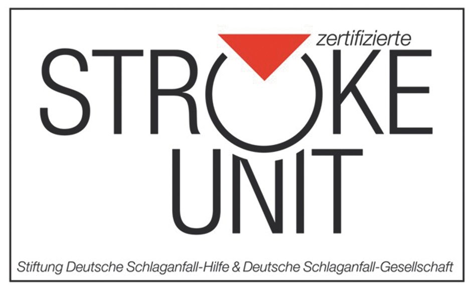 Logo der zertifizierten Stroke Unit mit rotem Dreieck.