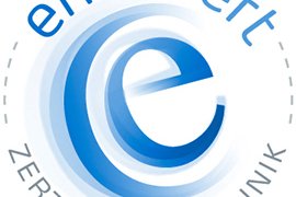 EndoCert Logo, zertifizierte Klinik, blaues und weißes Design.