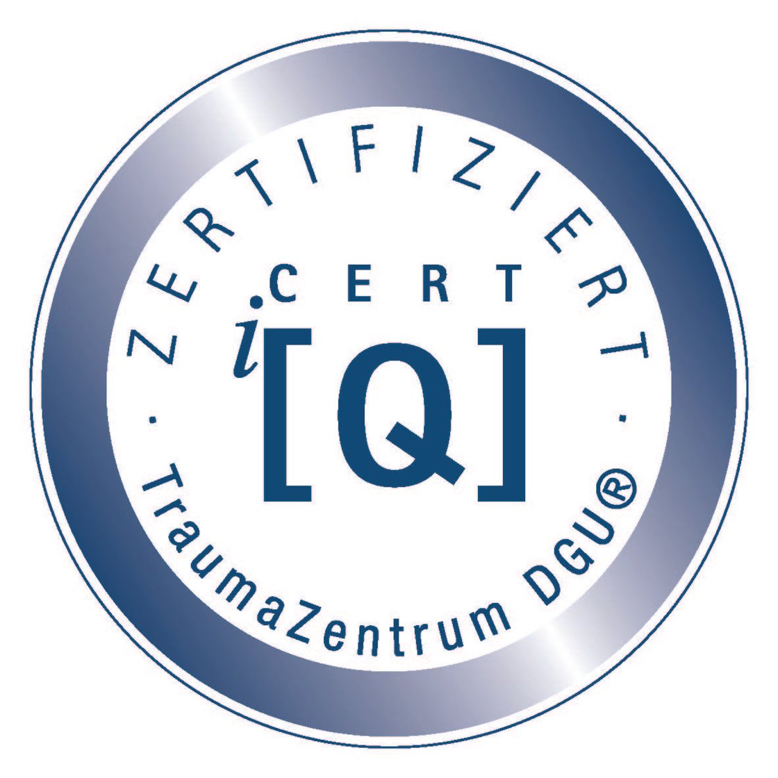Zertifiziertes TraumaZentrum DGU-Logo mit blauem Kreis und Q-Symbol.