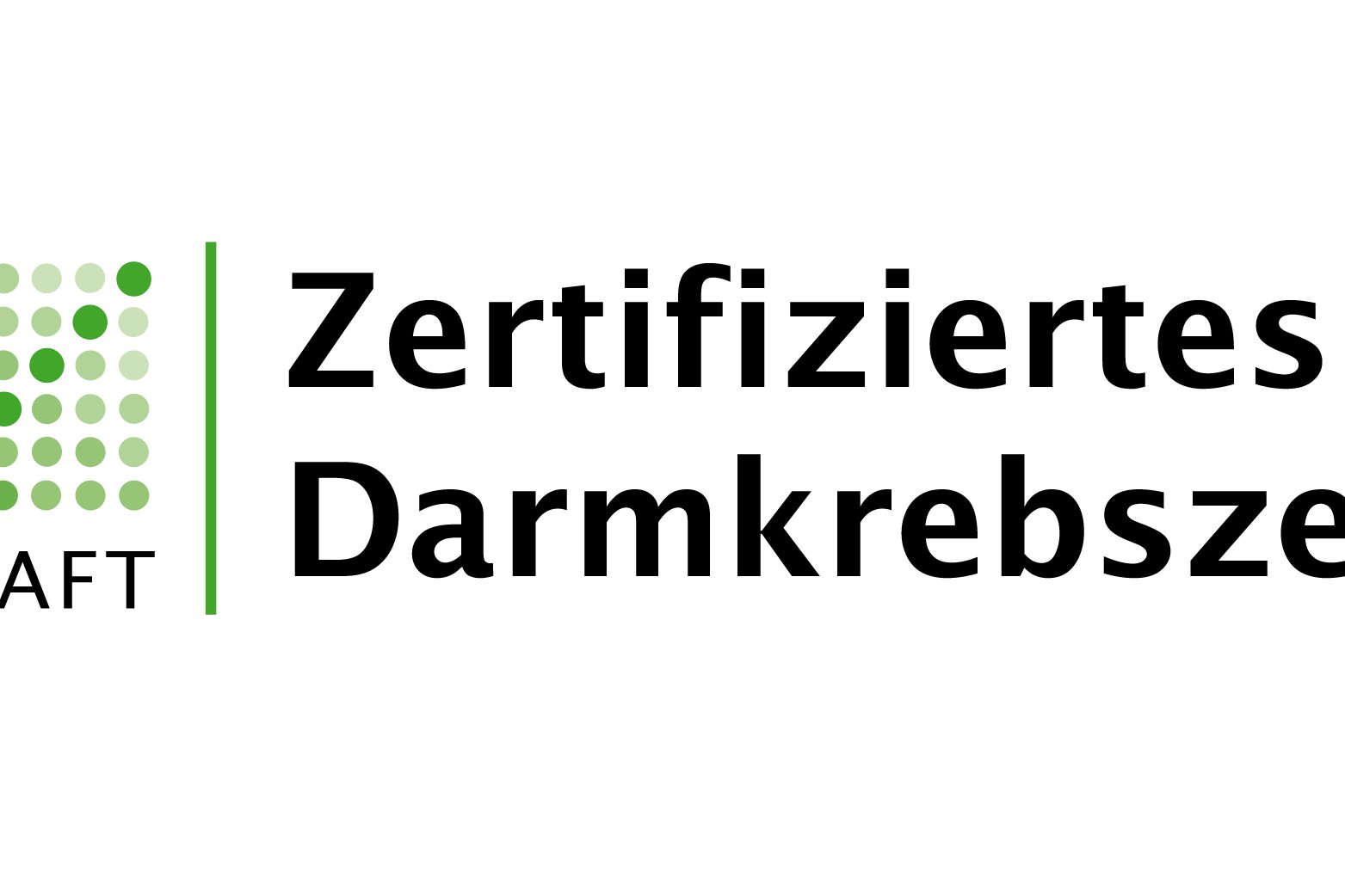Logo der DKG, zertifiziertes Darmkrebszentrum, grünes Punktmuster neben Schriftzug.
